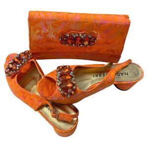 Nadia Ferri Orange Bejeweled Heels and Clutch Set